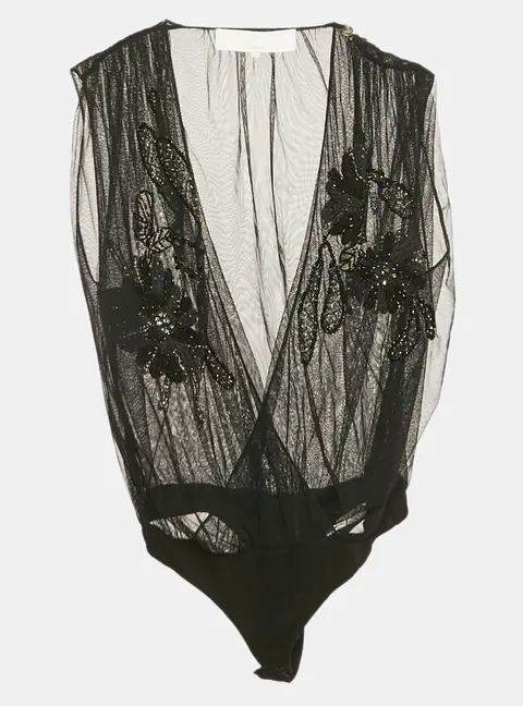 Elisabetta Franchi Gold Black Embellished Tulle Sleeveless Bodysuit S
