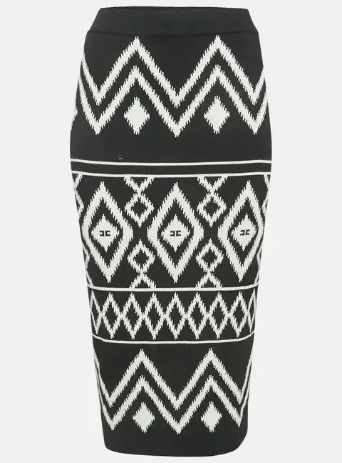 Elisabetta Franchi Black Tribal Intarsia Stretch Knit Midi Skirt L