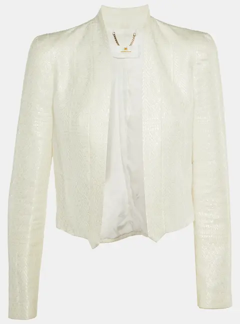 Elisabetta Franchi White Textured Patterned Cotton Open Blazer M