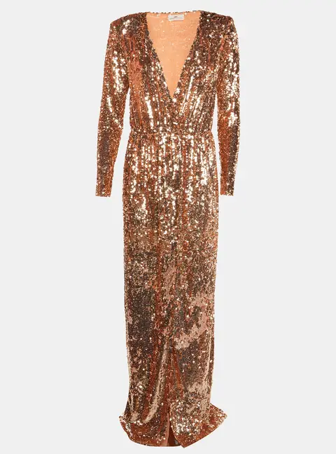 Elisabetta Franchi Rose Gold Sequin Embellished Wrap Maxi Dress M