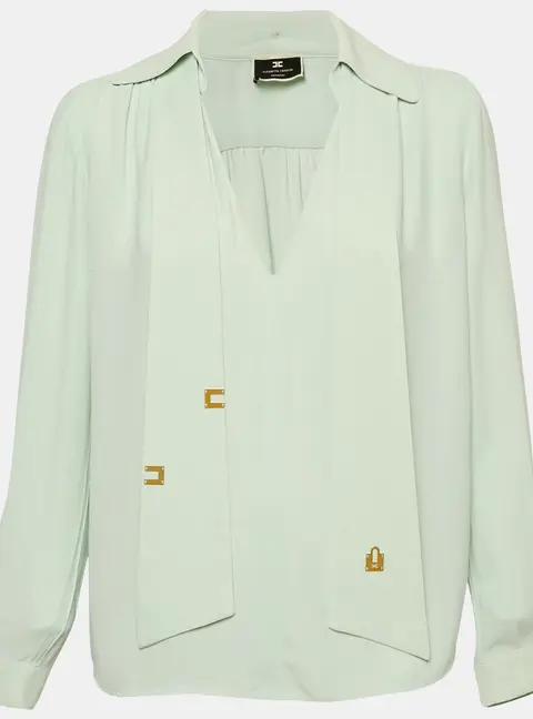 Elisabetta Franchi Blue Crepe Neck-Tie Detail Top M