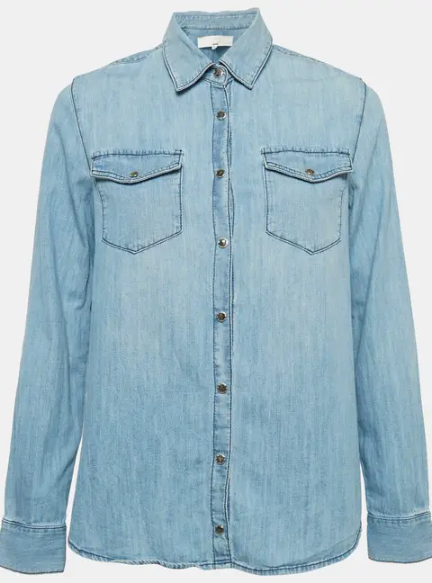 Elisabetta Franchi Jeans Blue Denim & White Chiffon Button Front Shirt S