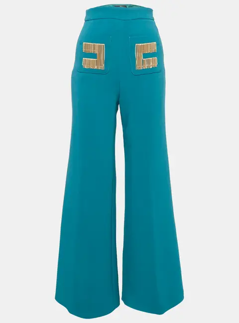 Elisabetta Franchi Teal Blue Crepe Chain Detail Flared Trousers S
