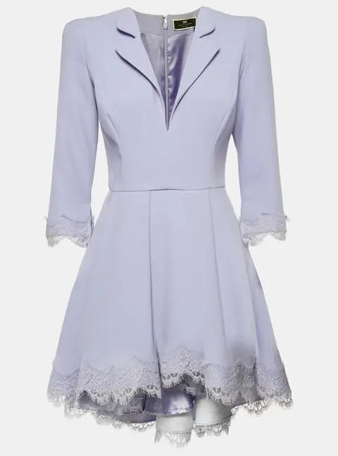 Elisabetta Franchi Lavender Crepe Lace Trim Flared Mini Dress M