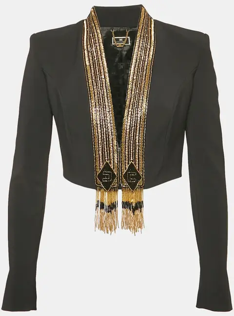 Elisabetta Franchi Black Embellished Crepe Cropped Blazer M