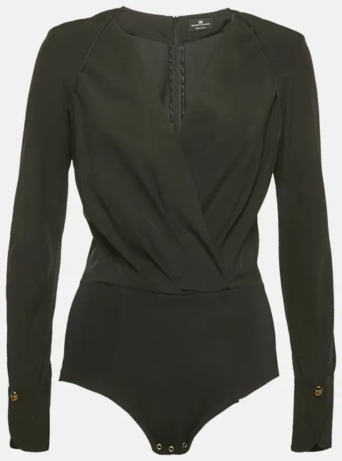 Elisabetta Franchi Black Crepe V-Neck Long Sleeve Bodysuit M