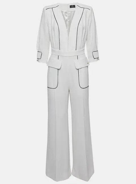 Elisabetta Franchi White Crepe Contrast Trimmed Jumpsuit M