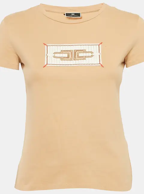 Elisabetta Franchi Beige Applique Cotton Jersey T-Shirt S