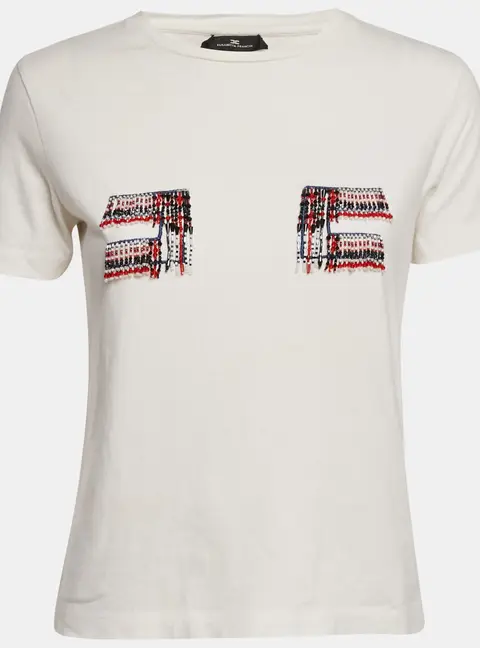 Elisabetta Franchi White Beaded Jersey Crewneck T-Shirt S