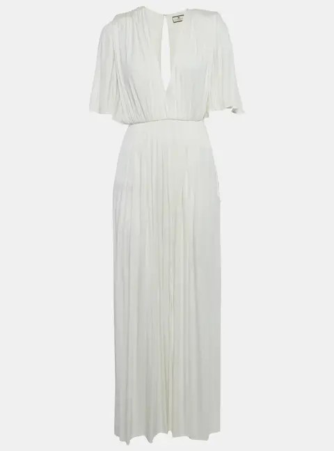Elisabetta Franchi White Jersey Plunging Neck Gathered Maxi Dress S