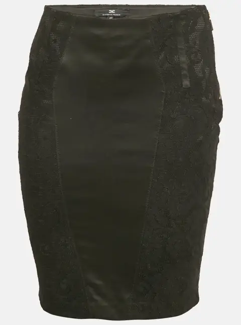 Elisabetta Franchi Black Satin Panel Lace Pencil Skirt M