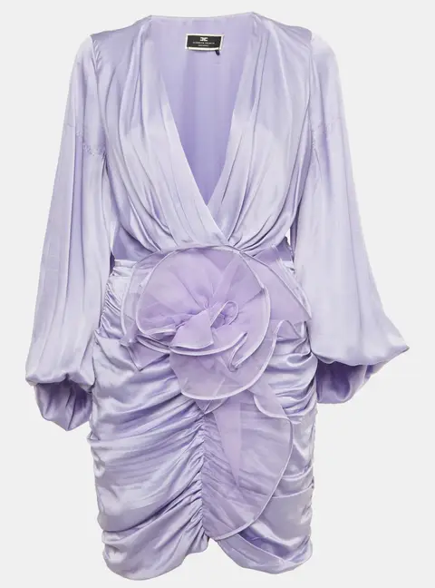 Elisabetta Franchi Purple Satin Ruched Mini Dress M