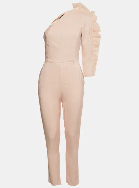 Elisabetta Franchi Peach Gingham Cotton Ruffled One Shoulder Jumpsuit M