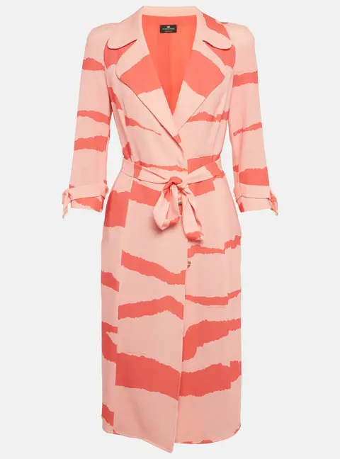 Elisabetta Franchi Orange/ Peach Abstract Print Crepe Belted Coat Dress S