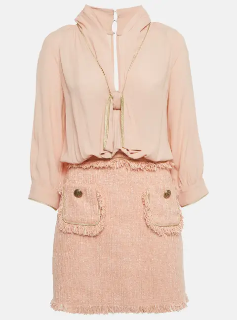 Elisabetta Franchi Light Orange/ Peach Crepe and Tweed Detachable Blouse Mini Dress M