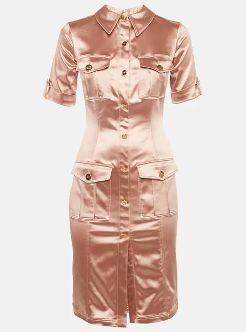 Elisabetta Franchi Pink Satin Button Front Mini Shirt Dress M
