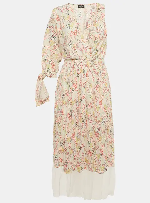 Elisabetta Franchi Multicolor Heart Print Crepe One Shoulder Midi Dress M