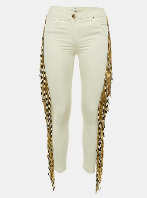 Elisabetta Franchi Jeans Ivory Denim Fringed Skinny Jeans S/Waist 29"