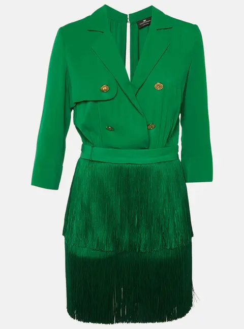 Elisabetta Franchi Green Crepe Fringe Detachable Mini Dress M