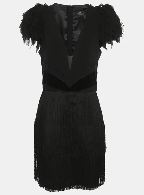Elisabetta Franchi Black Floral Applique Fringe Mini Dress XL