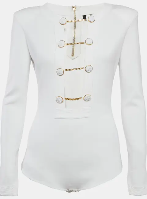 Elisabetta Franchi White Rib Knit Cut-Out Button Detail Bodysuit L