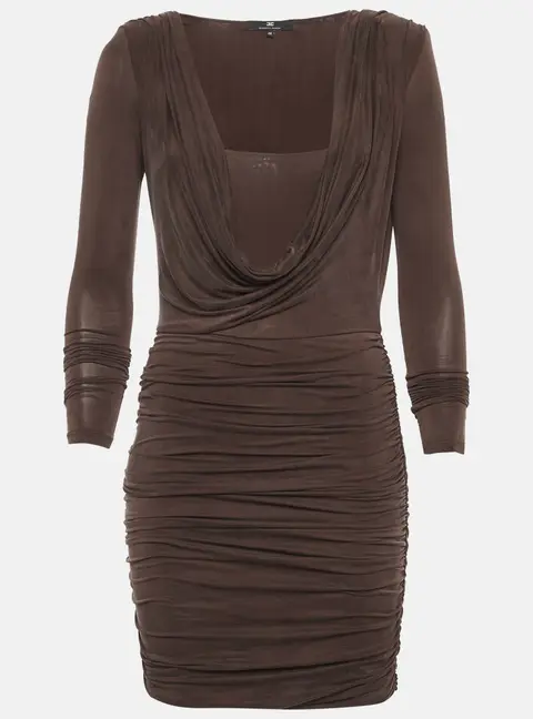 Elisabetta Franchi Brown Jersey Ruche Mini Dress S