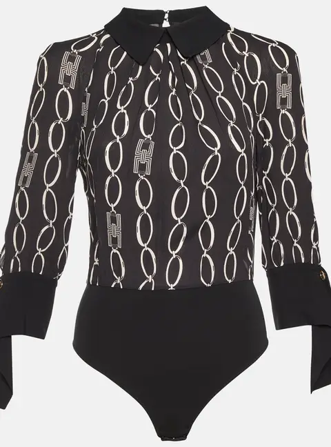 Elisabetta Franchi Black Logo Chain Print Crepe Long Sleeve Bodysuit M