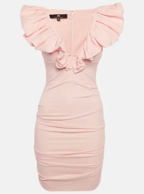 Elisabetta Franchi Pink Checkered Crepe Ruched Mini Dress S