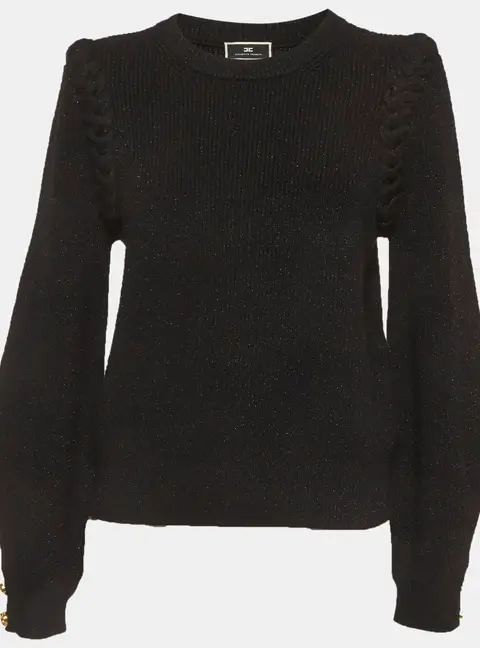 Elisabetta Franchi Black Rib Knit Braided Trim Sweater L