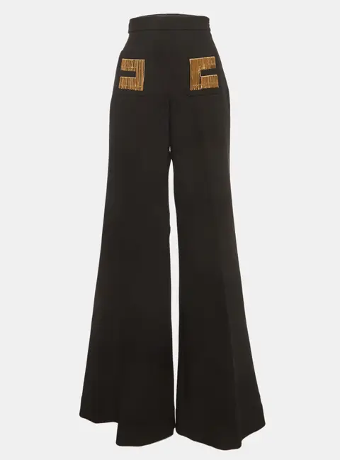 Elisabetta Franchi Black Stretch Crepe Bell Bottom Pants M