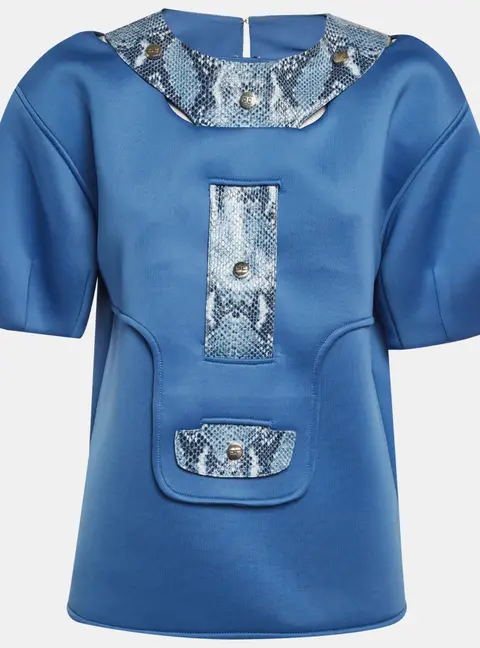 Elisabetta Franchi Blue Snake Print Detail Neoprene Short Sleeve Top M