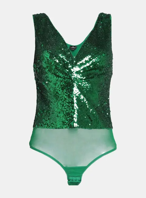 Elisabetta Franchi Green Sequin Tulle Sleeveless Bodysuit S