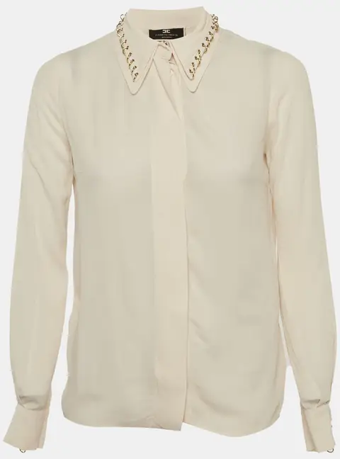 Elisabetta Franchi Beige Crepe Studded Collar Shirt S