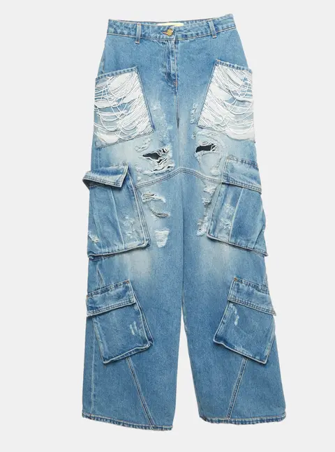 Elisabetta Franchi Blue Denim Sequined Cargo Jeans S/Waist 27"