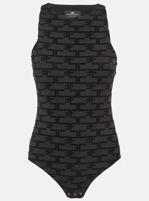 Elisabetta Franchi Black Logo Flocked Stretch Knit Tank Bodysuit L