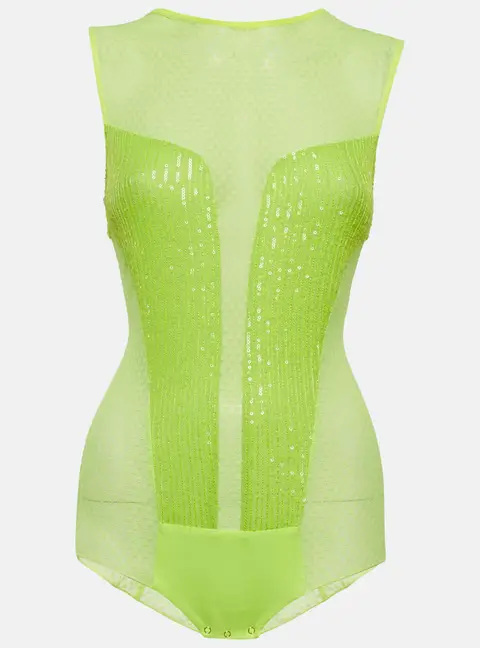 Elisabetta Franchi Neon Green Mesh Sequin Bodysuit M