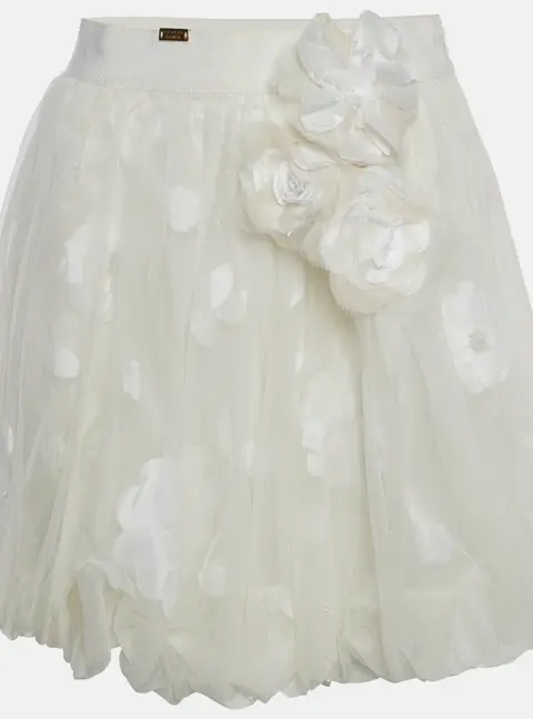 Elisabetta Franchi Off White Tulle Floral Applique Balloon Mini Skirt M