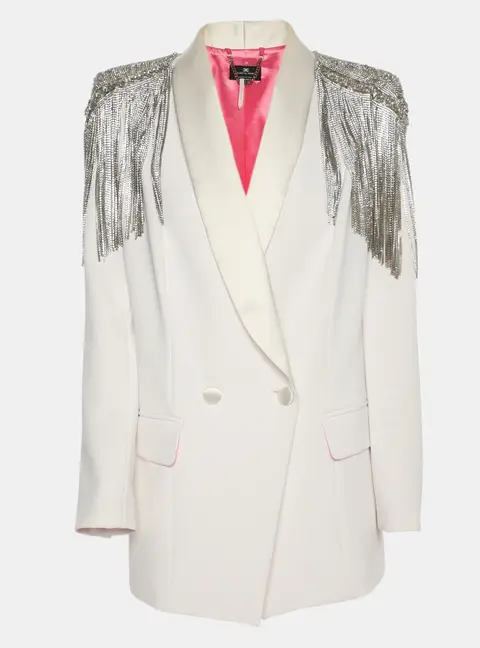 Elisabetta Franchi White Stretch Crepe Metal and Crystal Fringe Double Breasted Blazer S