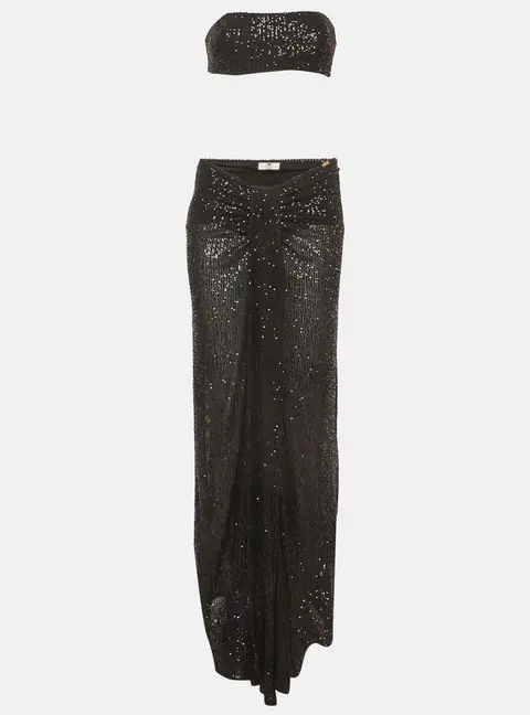 Elisabetta Franchi Black Sequins Bandeau Top and Draped Maxi Skirt Set M
