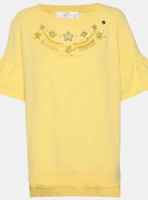 Elisabetta Franchi Yellow Stretch Cotton Jeweled Embellished Top M