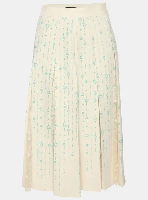 Elisabetta Franchi Cream/Green Stretch Crepe and Lace Star Print Pleated Midi Skirt M