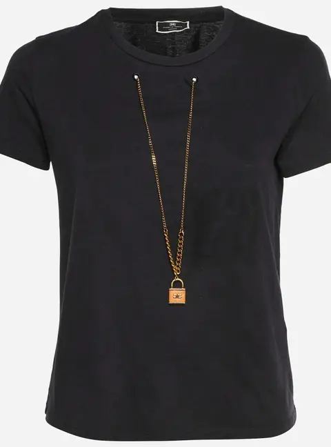 Elisabetta Franchi Black Cotton Knit Chain Detail T-Shirt S