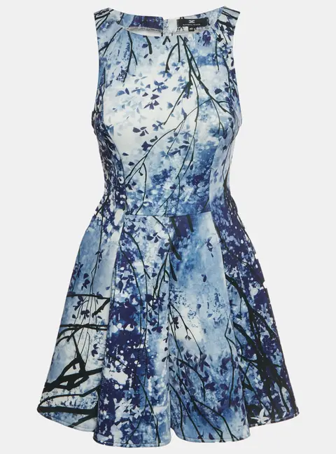 Elisabetta Franchi Blue Floral Print Neoprene Flared Mini Dress S