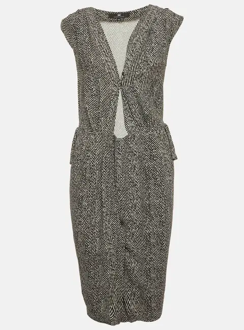 Elisabetta Franchi Black/White Herringbone Stretch Crepe Wrap Mini Dress S