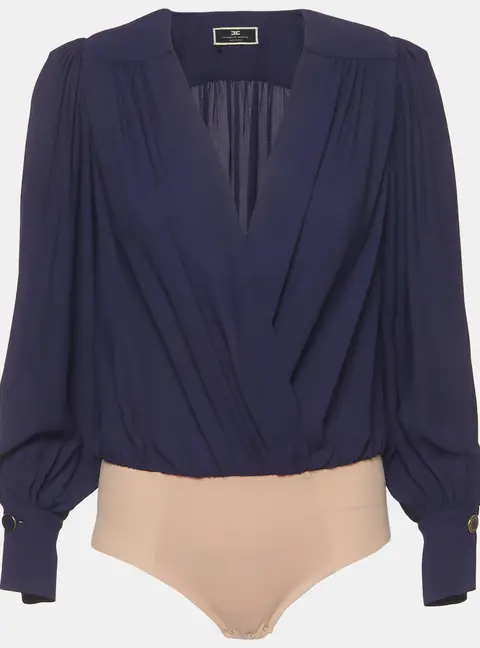 Elisabetta Franchi Navy Blue Crepe Draped Bodysuit Top M