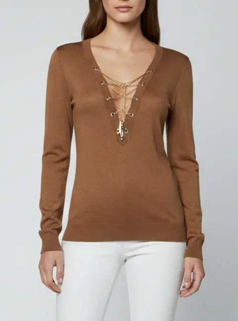 Elisabetta Franchi Brown Knit Chain Lace-Up Top M