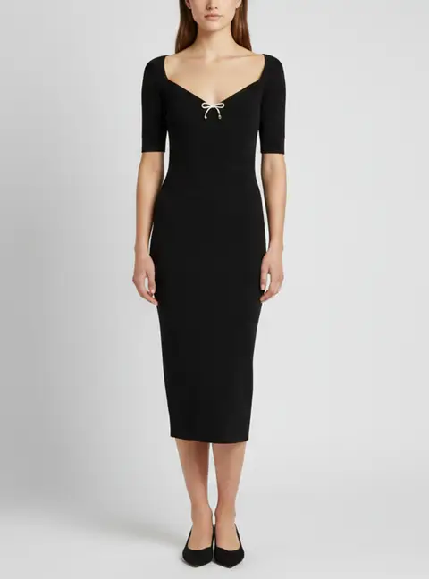 Elisabetta Franchi Black Rib Knit Sweetheart Neck Midi Dress L