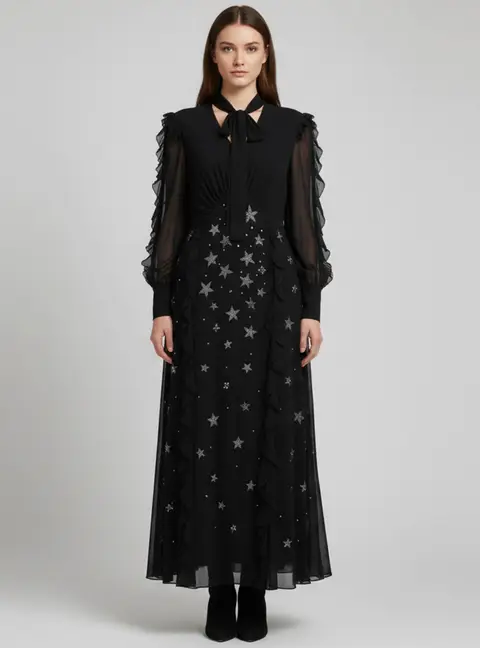 Elisabetta Franchi Black Crepe Crystal Embellished Ruffled Maxi Dress M