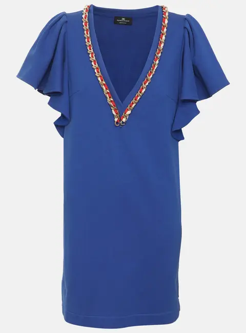 Elisabetta Franchi Blue Jersey Chain Embellished Ruffled Sleeve Mini Dress M