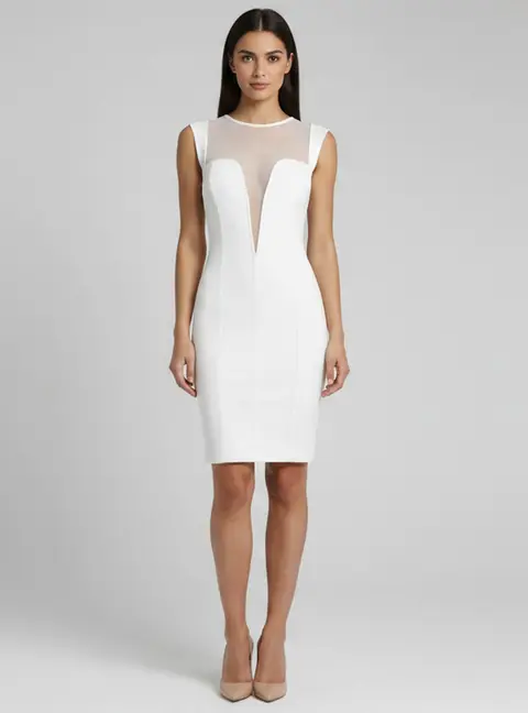 Elisabetta Franchi White Mesh and Knit Paneled Mini Dress S